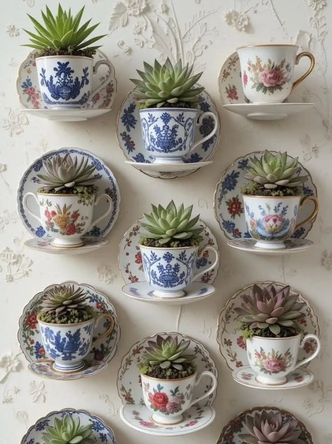 17 Antique Coffee Decor Ideas for Your Kitchen or Nook 8 Vintage china teacups and saucers with succulents mounted on a textured cream wall.