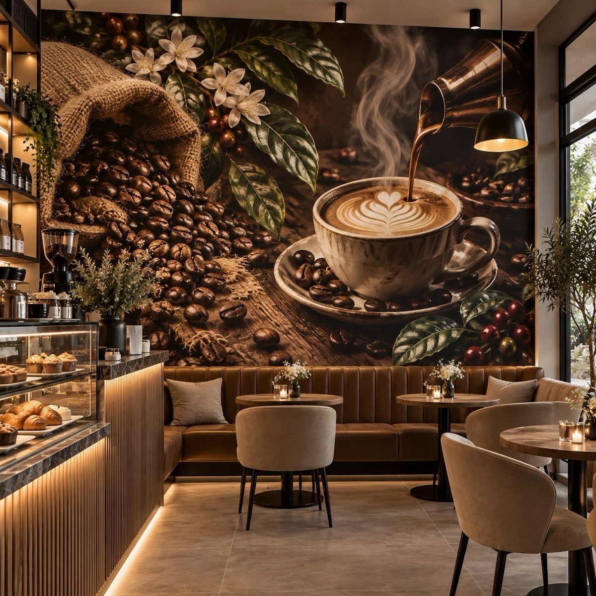 17 Antique Coffee Decor Ideas for Your Kitchen or Nook 12 Cafe interior with a large wall mural of coffee beans and latte art.