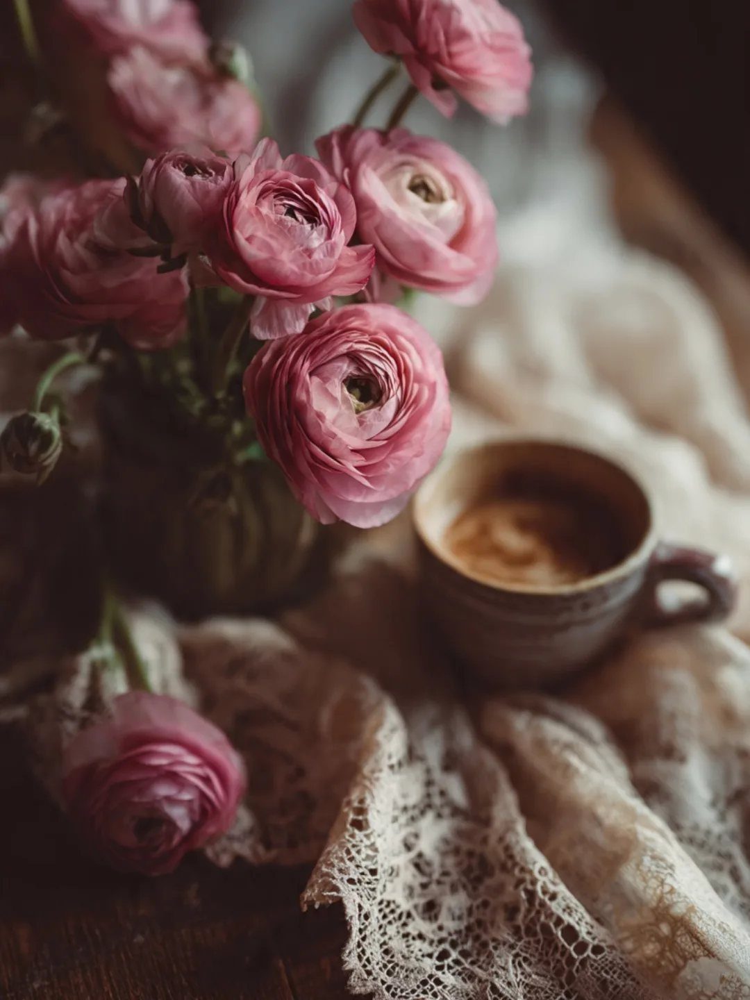 17 Antique Coffee Decor Ideas for Your Kitchen or Nook 17 Cup of coffee and pink ranunculus flowers on a vintage lace tablecloth.