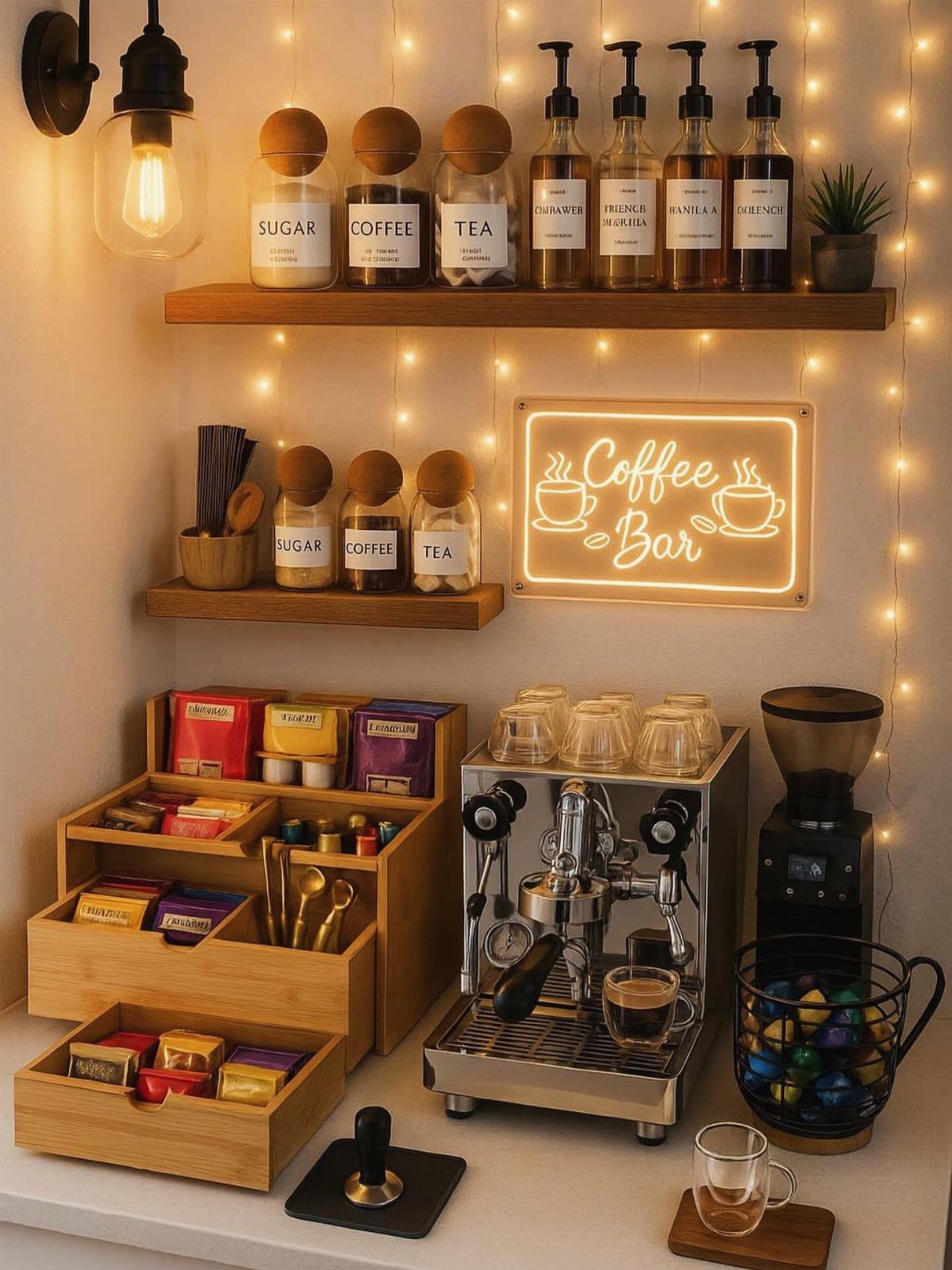 17 Antique Coffee Decor Ideas for Your Kitchen or Nook 2 Coffee bar setup with espresso machine, bamboo organizers, and a glowing neon sign.