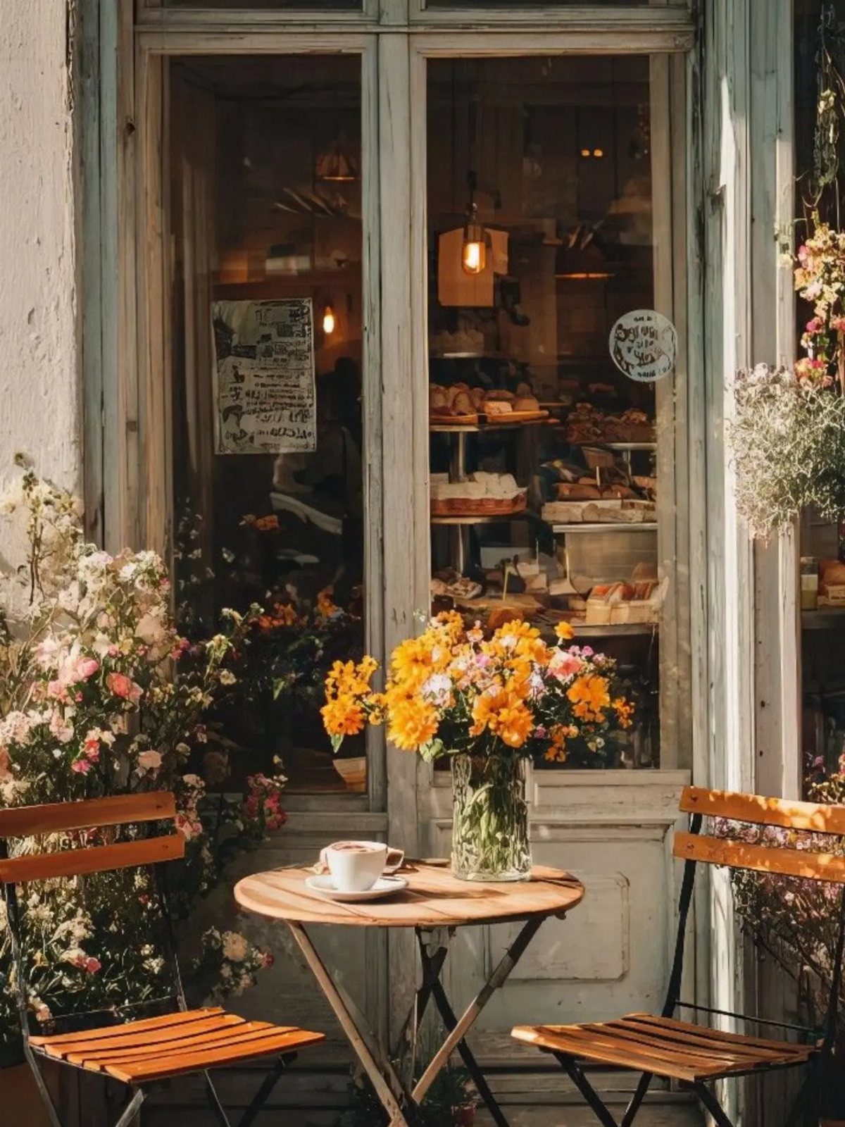 17 Antique Coffee Decor Ideas for Your Kitchen or Nook 9 Wooden table with coffee and yellow flowers outside a vintage blue storefront.