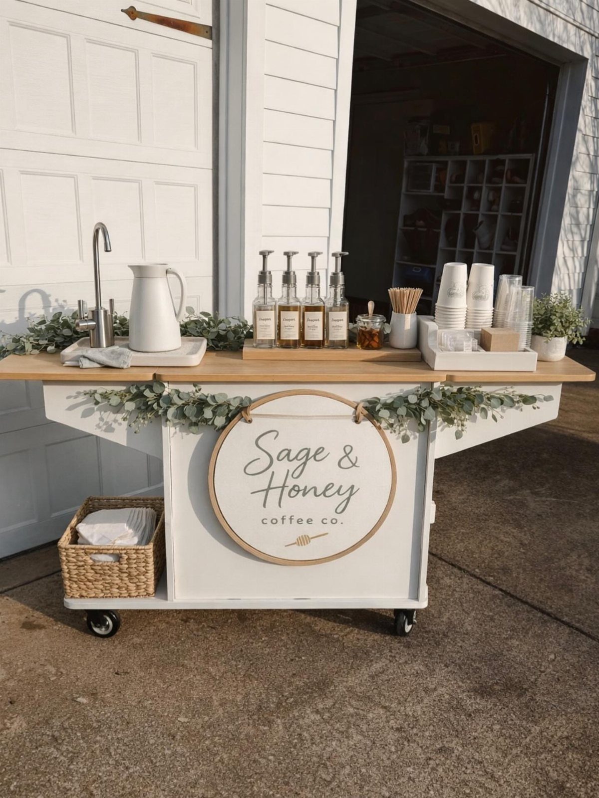 17 Antique Coffee Decor Ideas for Your Kitchen or Nook 4 White wheeled coffee cart with wooden top, syrup bottles, and Sage and Honey sign.