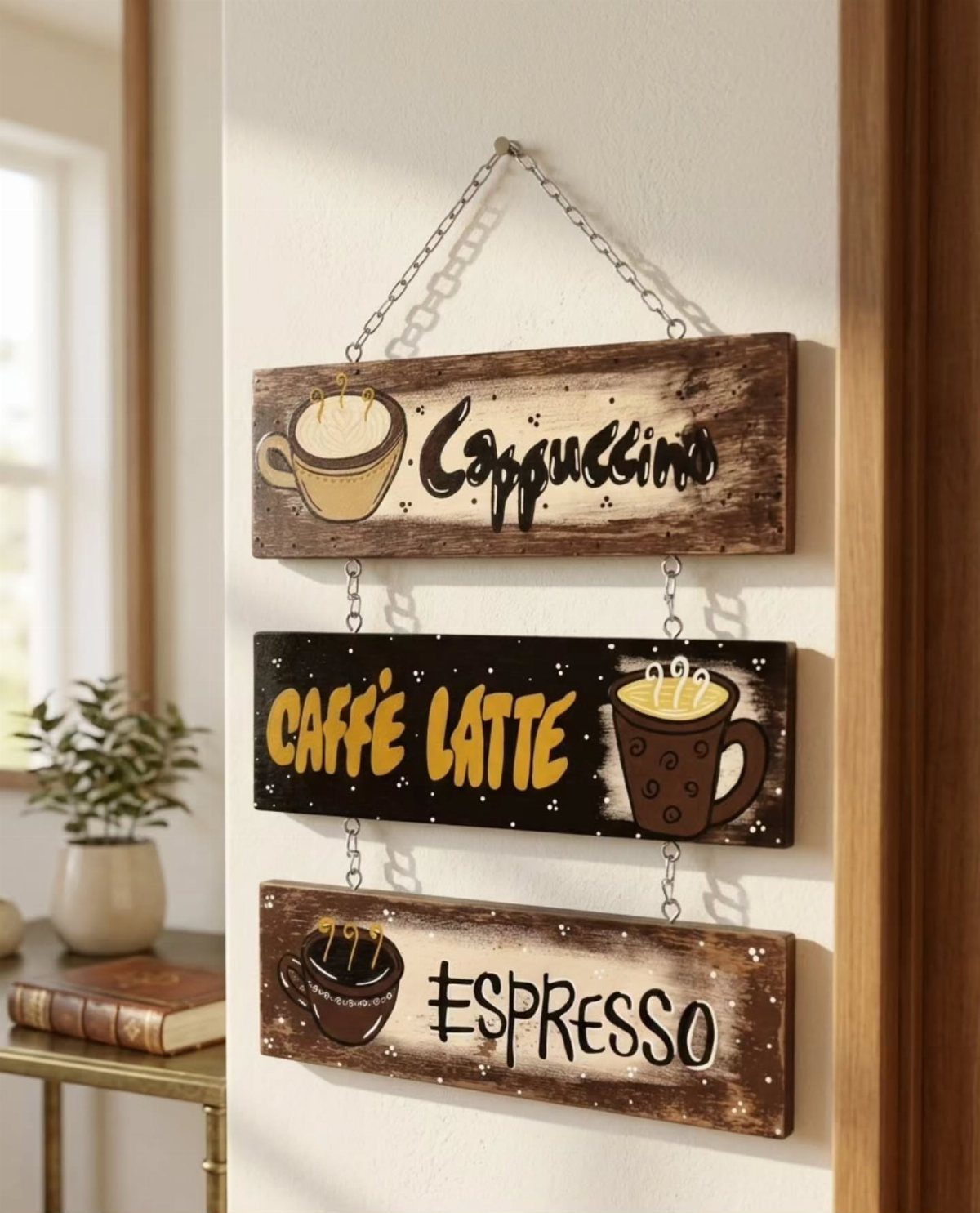 17 Antique Coffee Decor Ideas for Your Kitchen or Nook 11 Three wooden coffee signs for cappuccino, latte, and espresso hanging on a white wall.