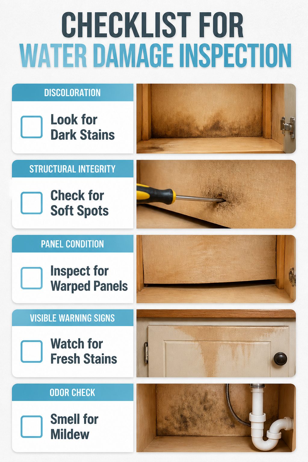 Checklist for inspecting water damage on a cabinet back.