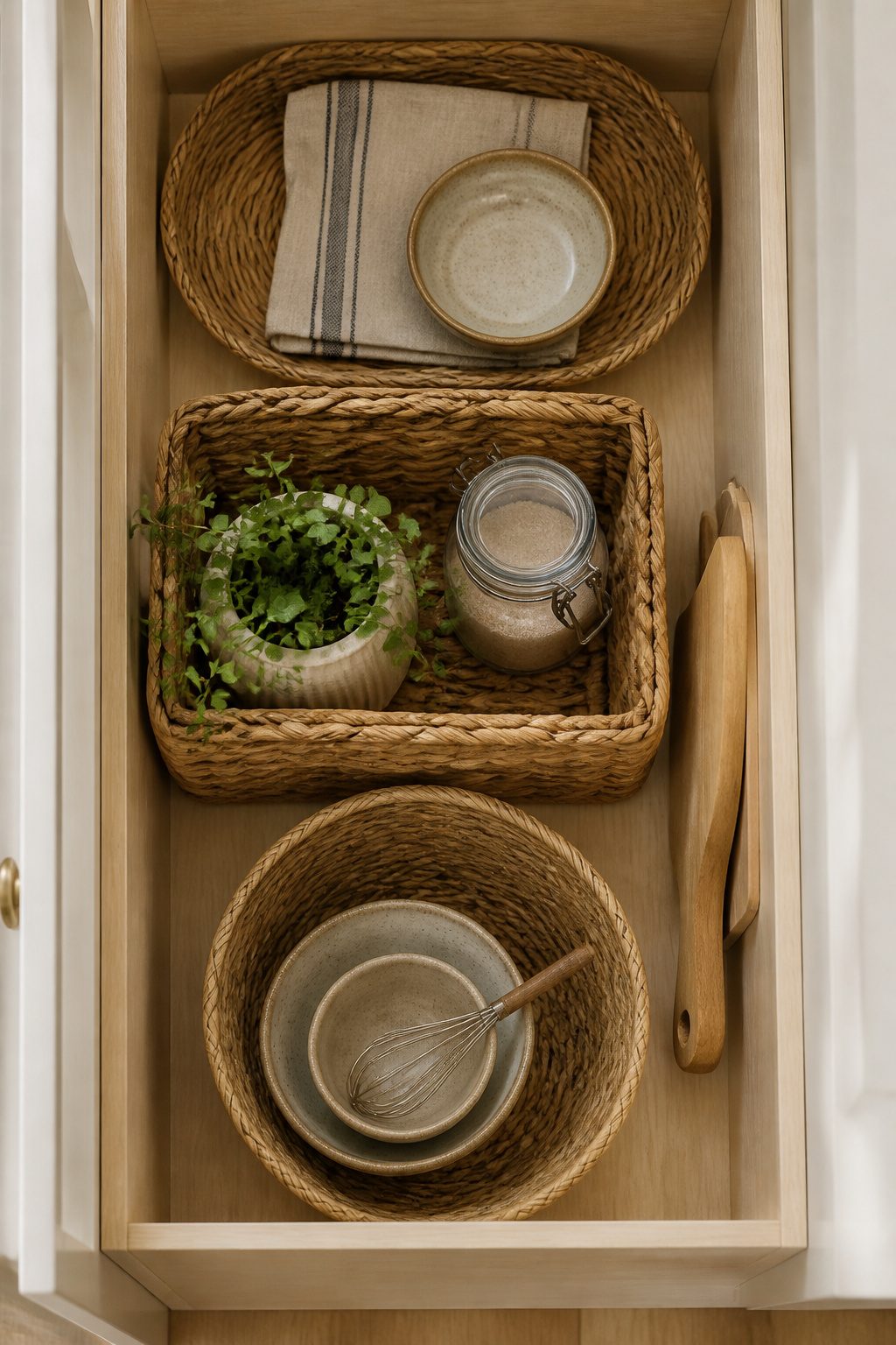 Stylish seagrass baskets inside a glass-front kitchen cabinet.