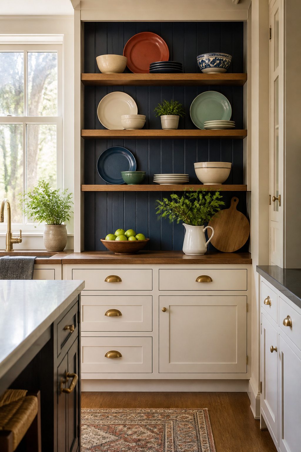 Kitchen with a navy back panel and open shelves displaying dishware.