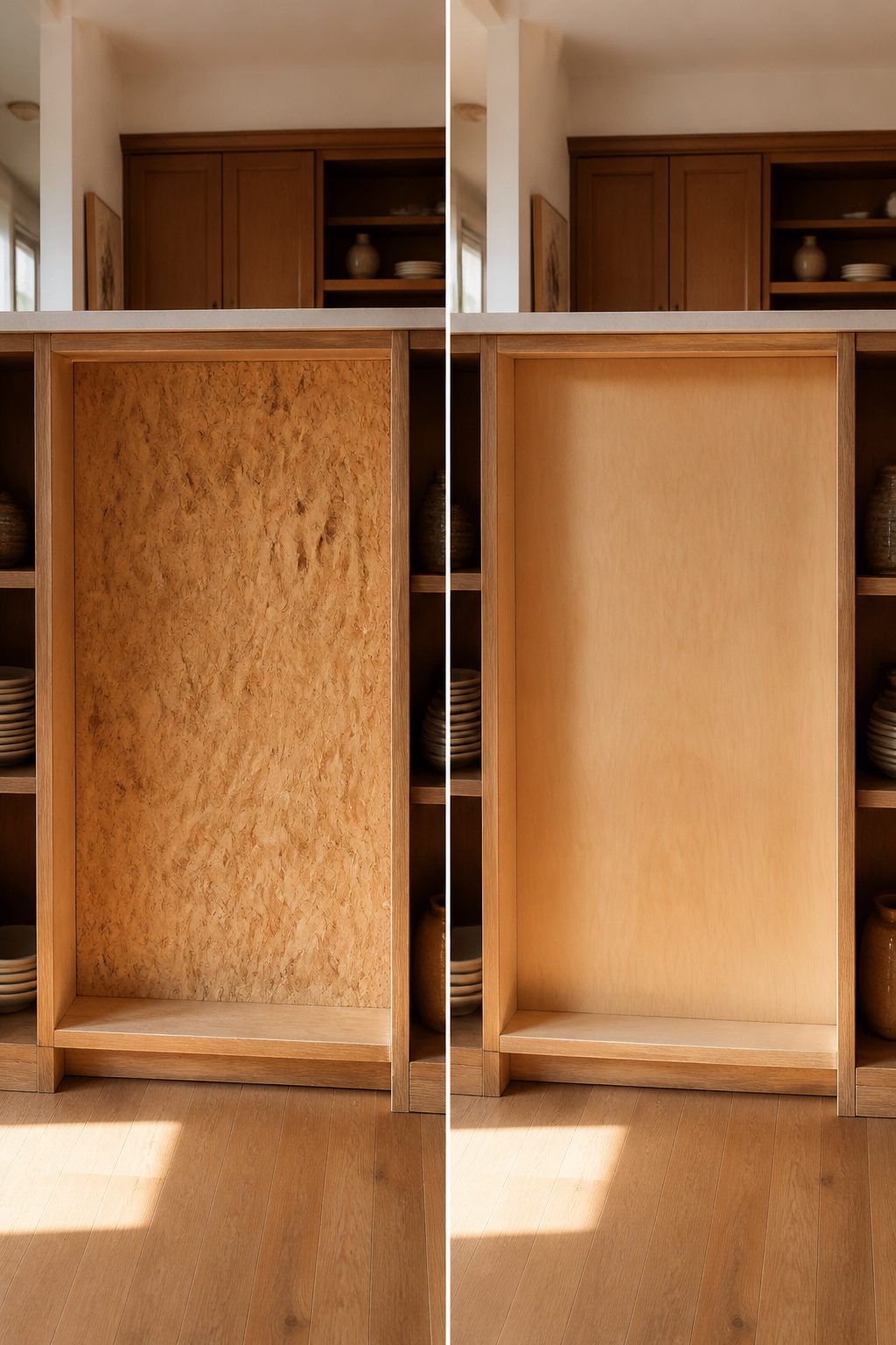A raw back of a kitchen cabinet showing unfinished plywood.