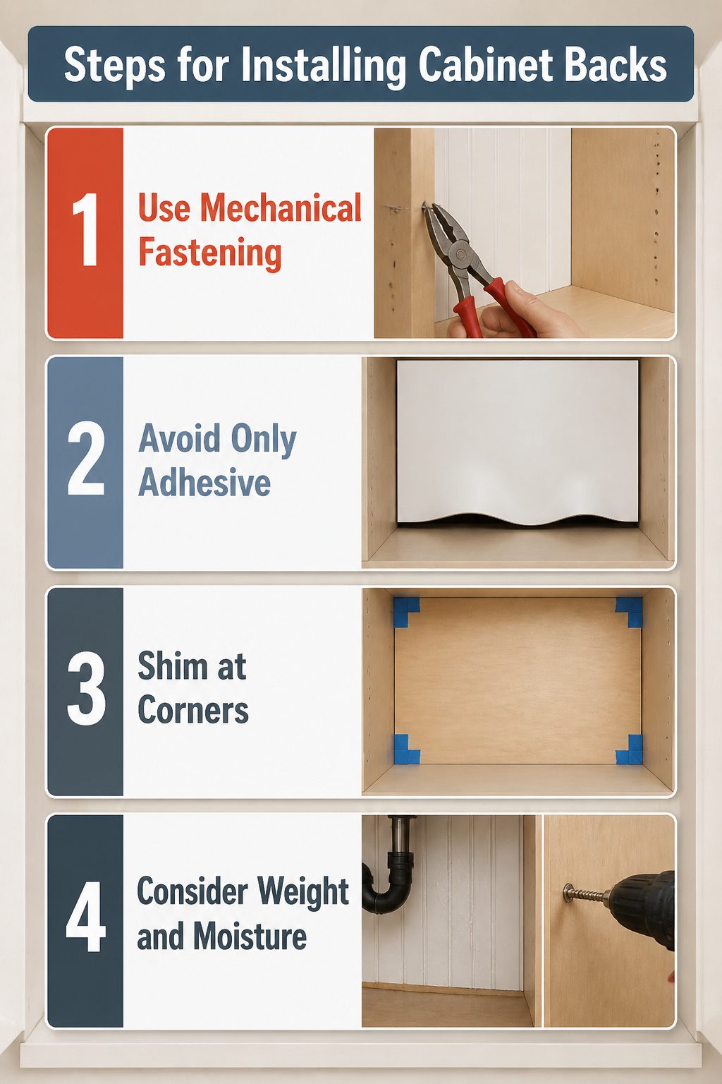 Checklist for installing cabinet backs without damage.