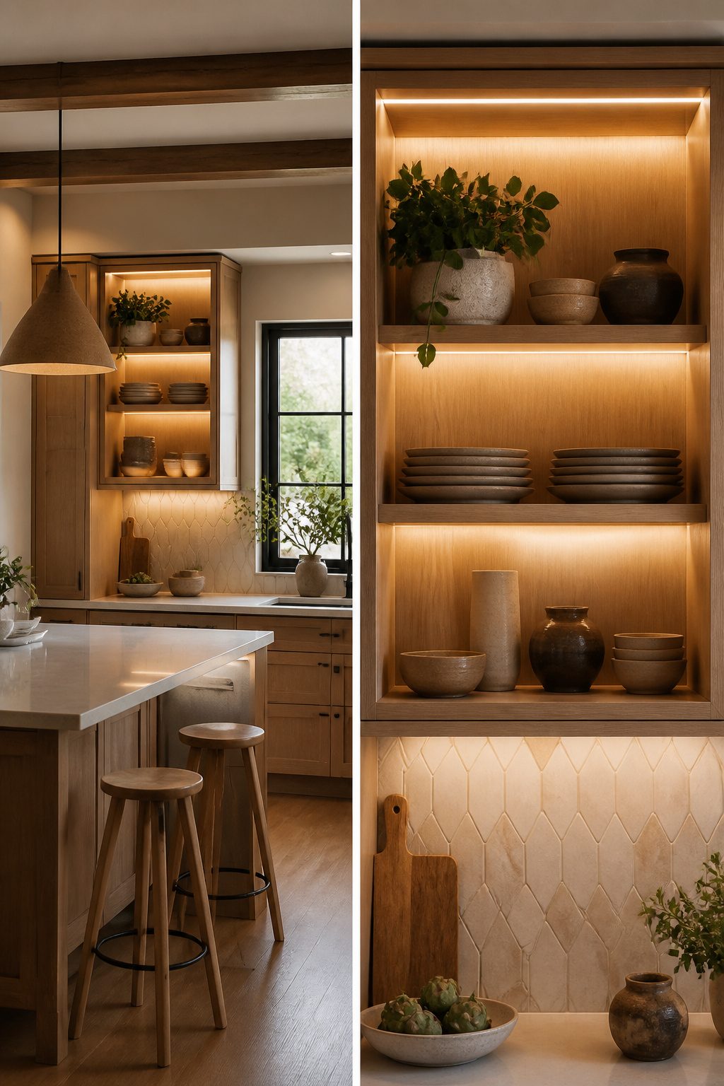 LED strip lighting installed on the back of a kitchen cabinet.