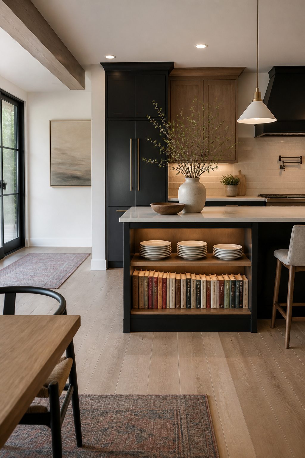 Open shelving on the back of a kitchen island cabinet.