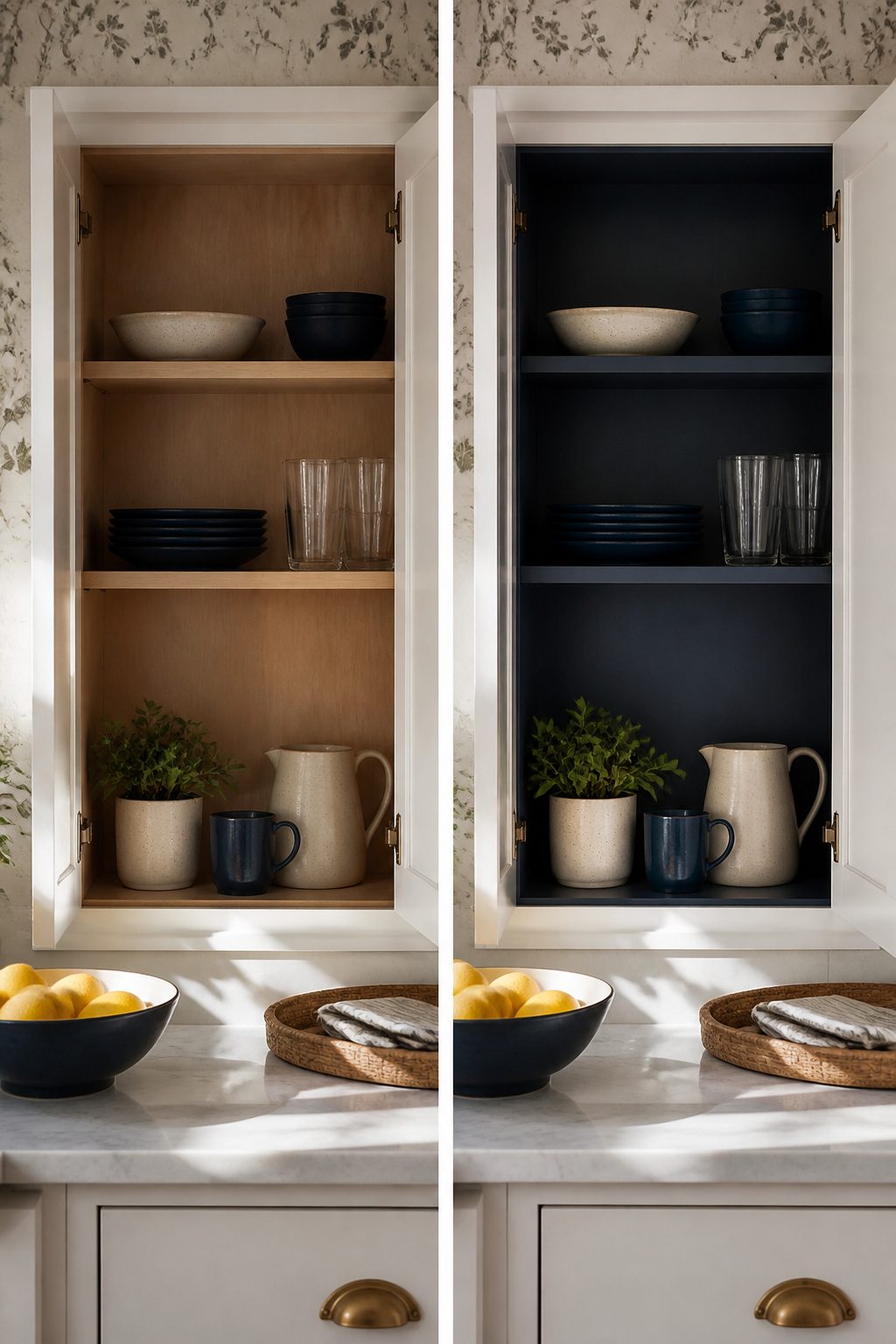 A kitchen cabinet with a painted back panel in a vibrant color.