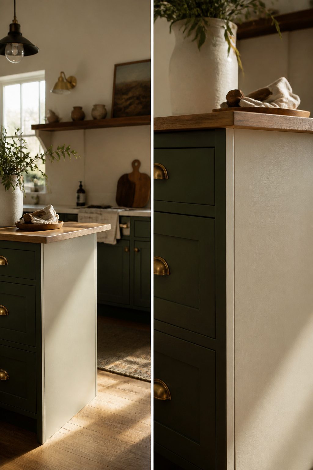 Close-up of trim and molding on a kitchen cabinet.