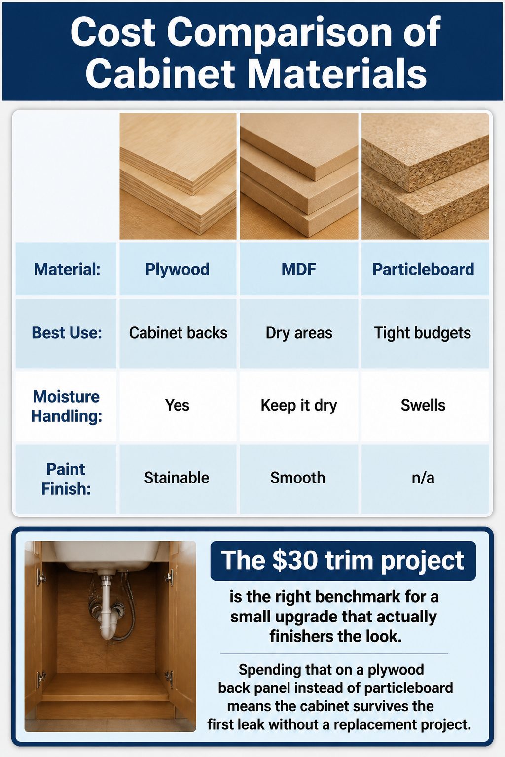 Chart comparing costs and uses of cabinet materials.