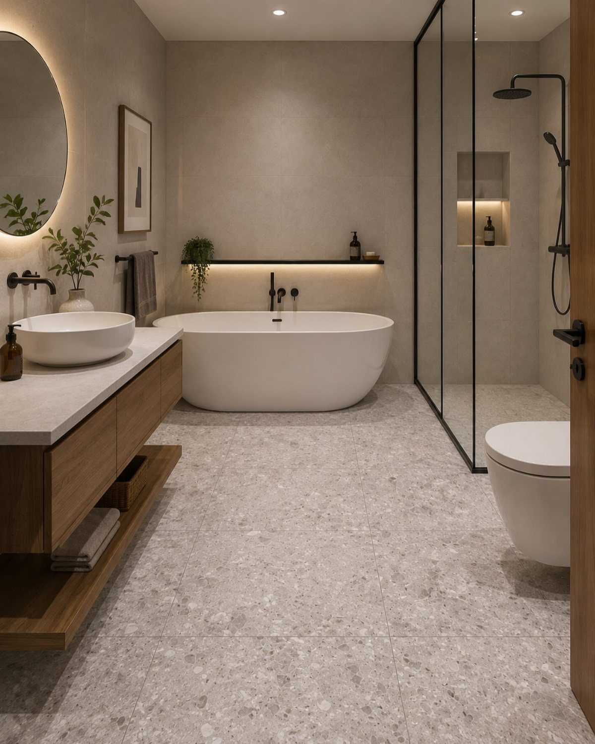 Modern monochromatic bathroom featuring grey terrazzo flooring and a white freestanding bathtub.