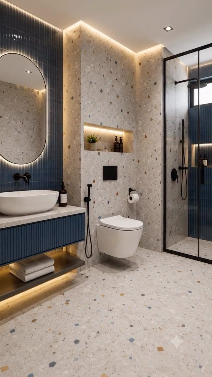 Modern bathroom with light terrazzo floors and walls paired with a blue fluted vanity.