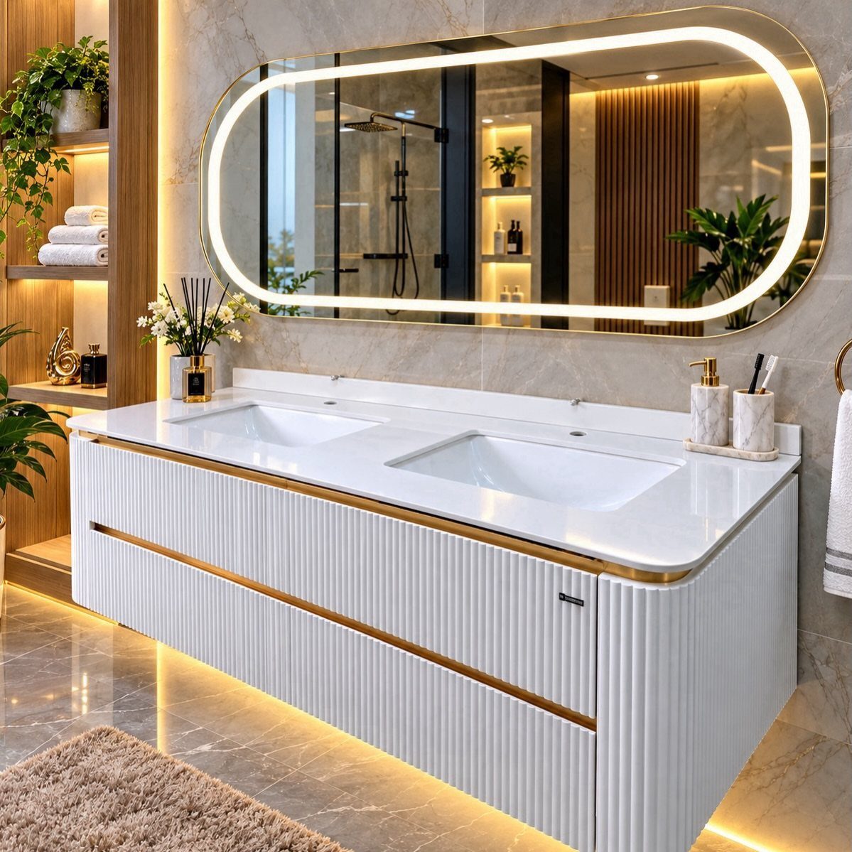 Double-bowl white floating vanity with fluted fronts and a large backlit oval mirror.