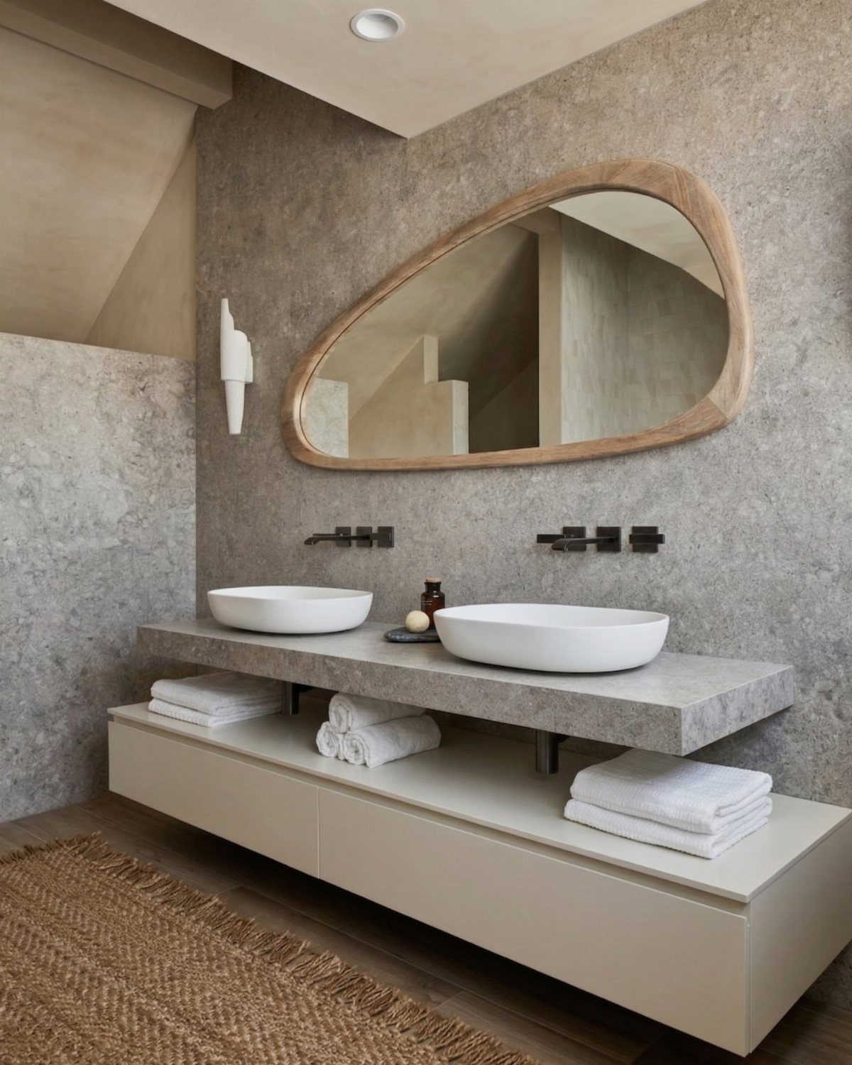 Floating white vanity with a thick gray stone countertop and two white vessel sinks.