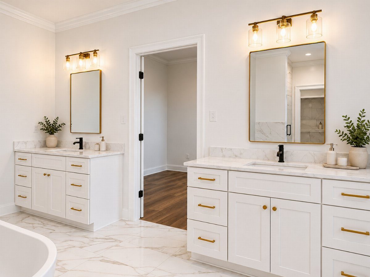Two white bathroom vanities with gold hardware and marble countertops in a bright room.