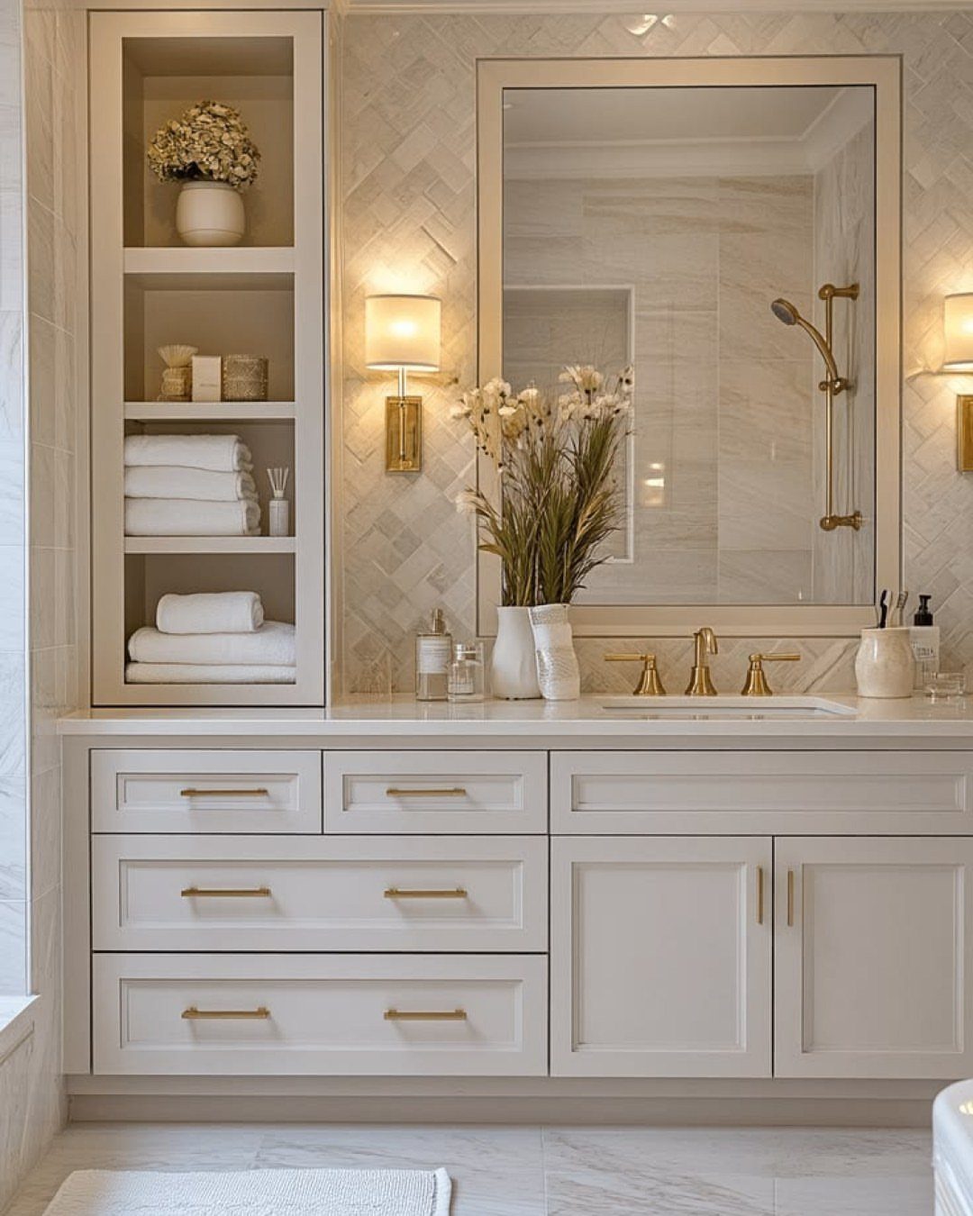 White bathroom vanity with gold handles, large mirror, and built-in shelving unit.