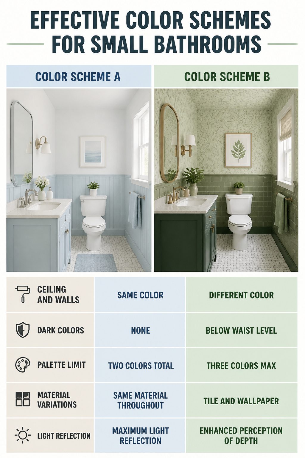 A chart showcasing effective color schemes for small bathrooms.