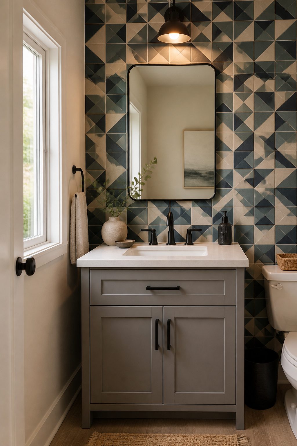 A small bathroom featuring a single wall of patterned tile.