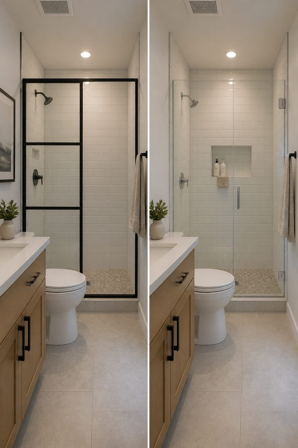 A small bathroom featuring clear glass shower doors.