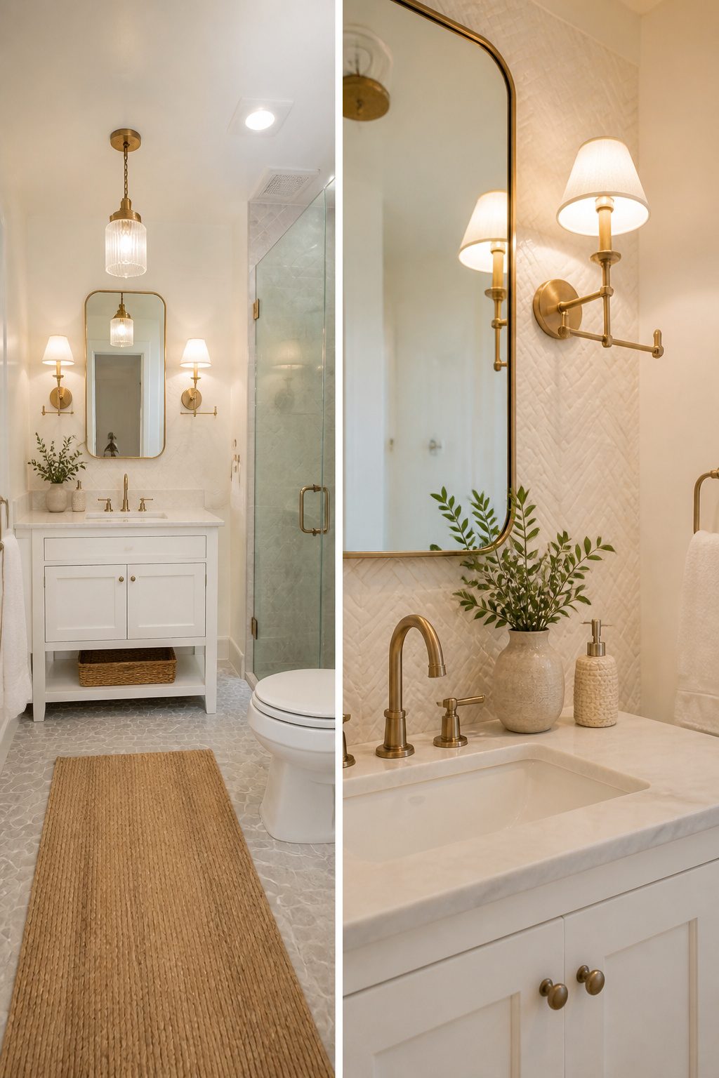 Wall sconces and a ceiling fixture illuminating a small bathroom.