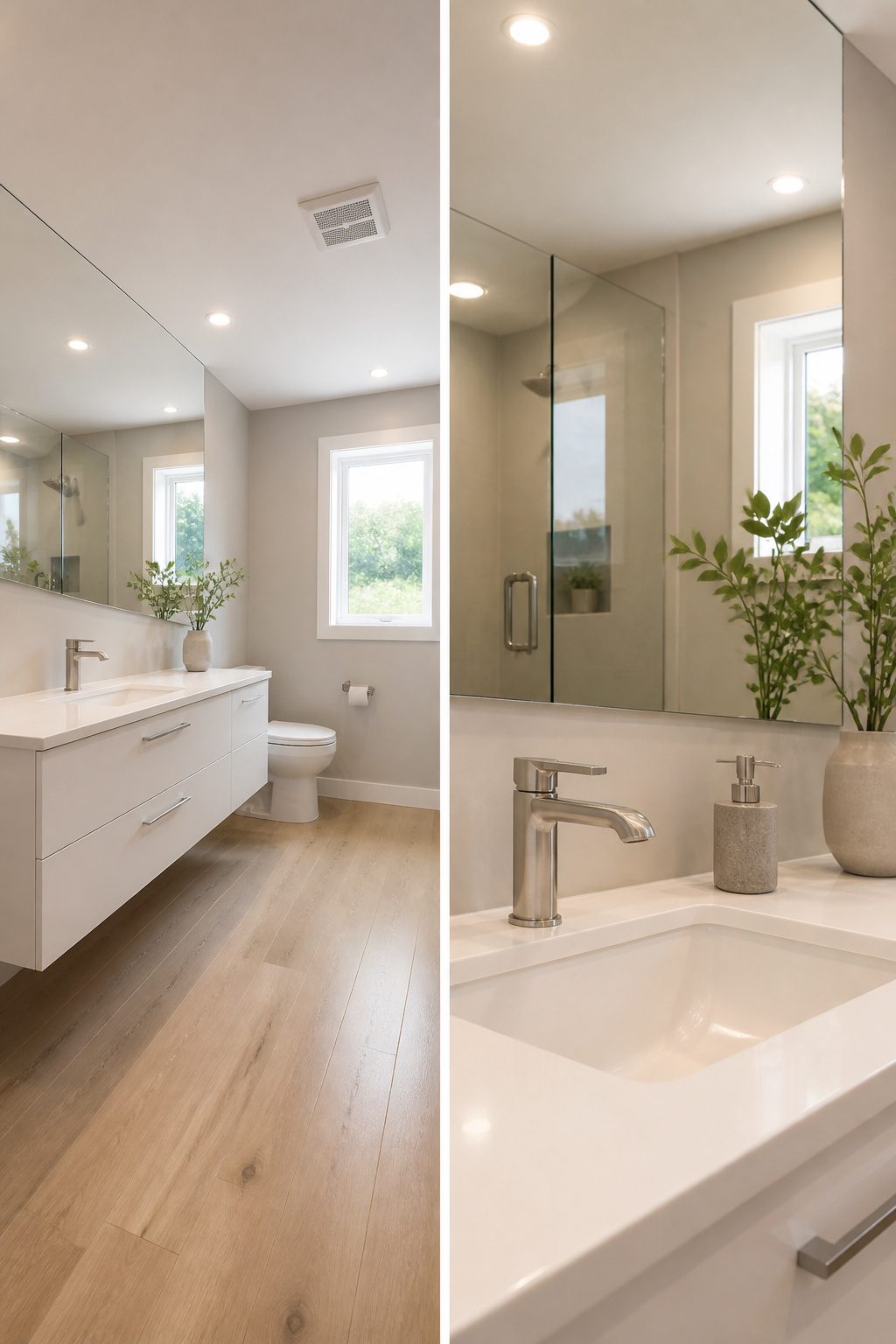 A small bathroom featuring a large mirror opposite the sink.