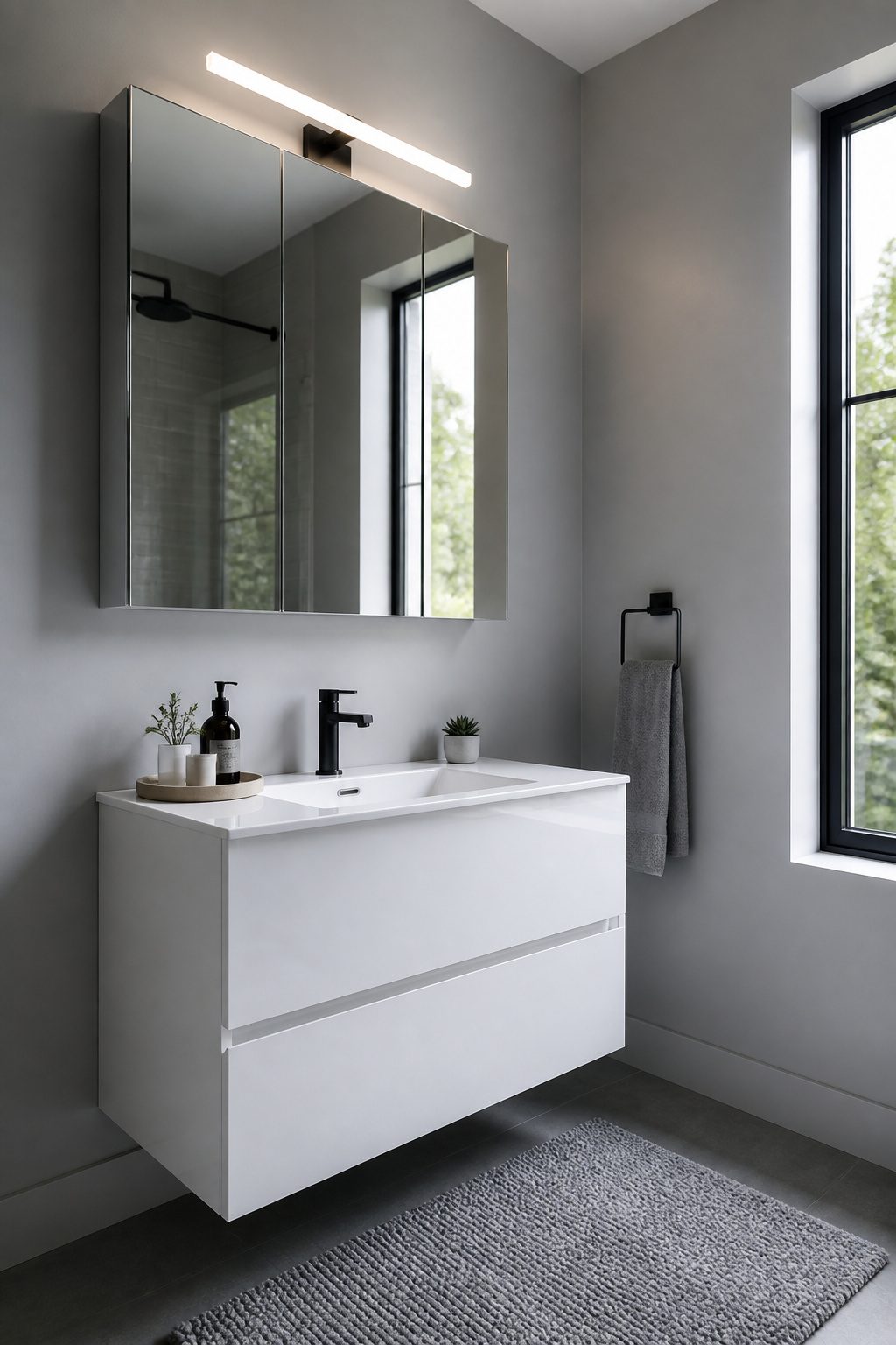 A modern vanity with a mirror cabinet above it.
