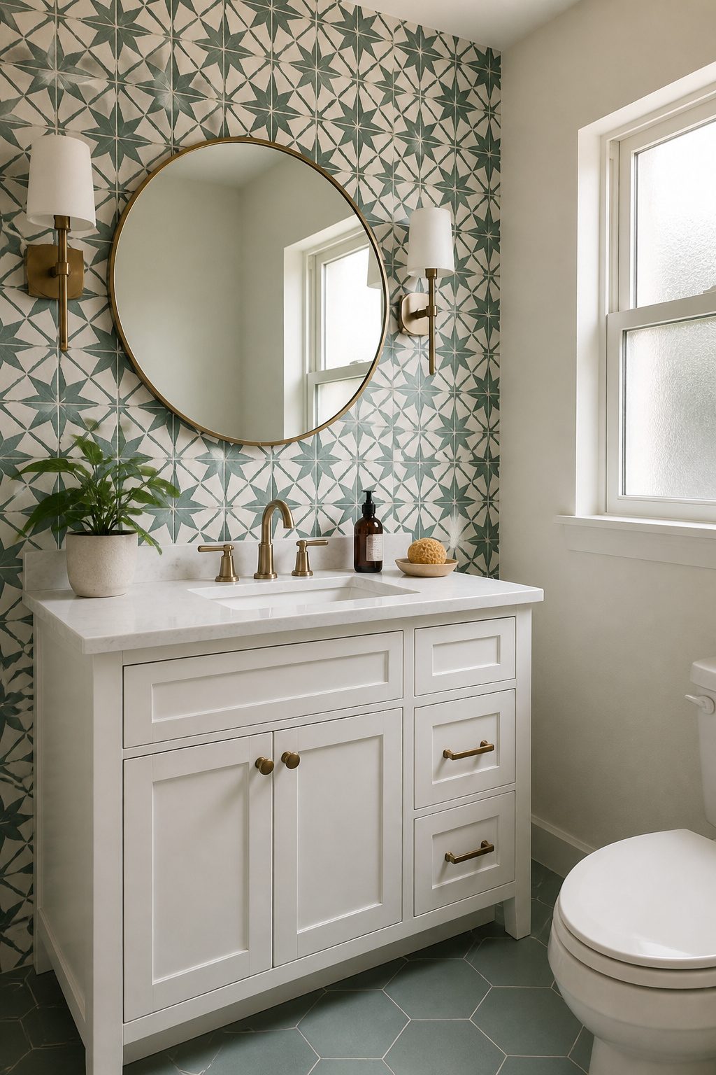 A small bathroom with patterned wallpaper and artistic tile.