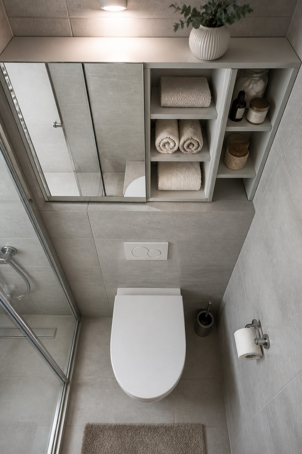 A small bathroom with recessed built-in storage.