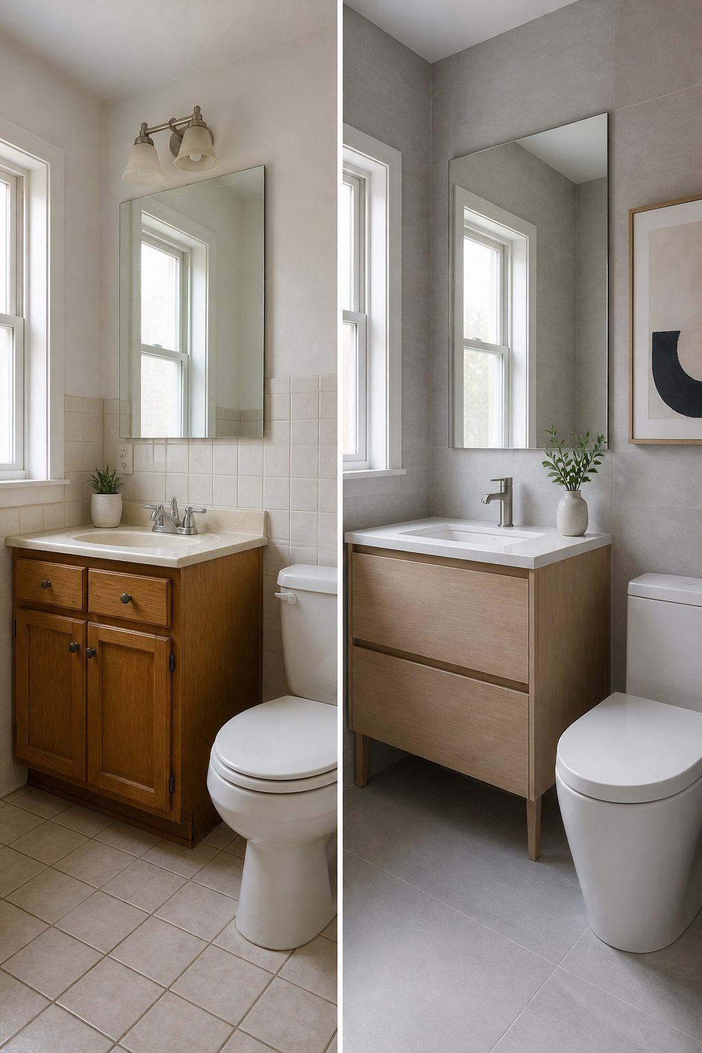 A small bathroom with large-format tiles on the walls.