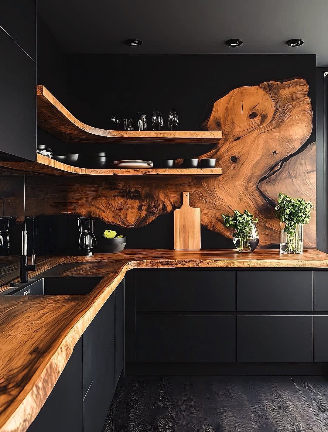 Modern kitchen with matte black cabinets and live-edge walnut wood countertops and shelving.