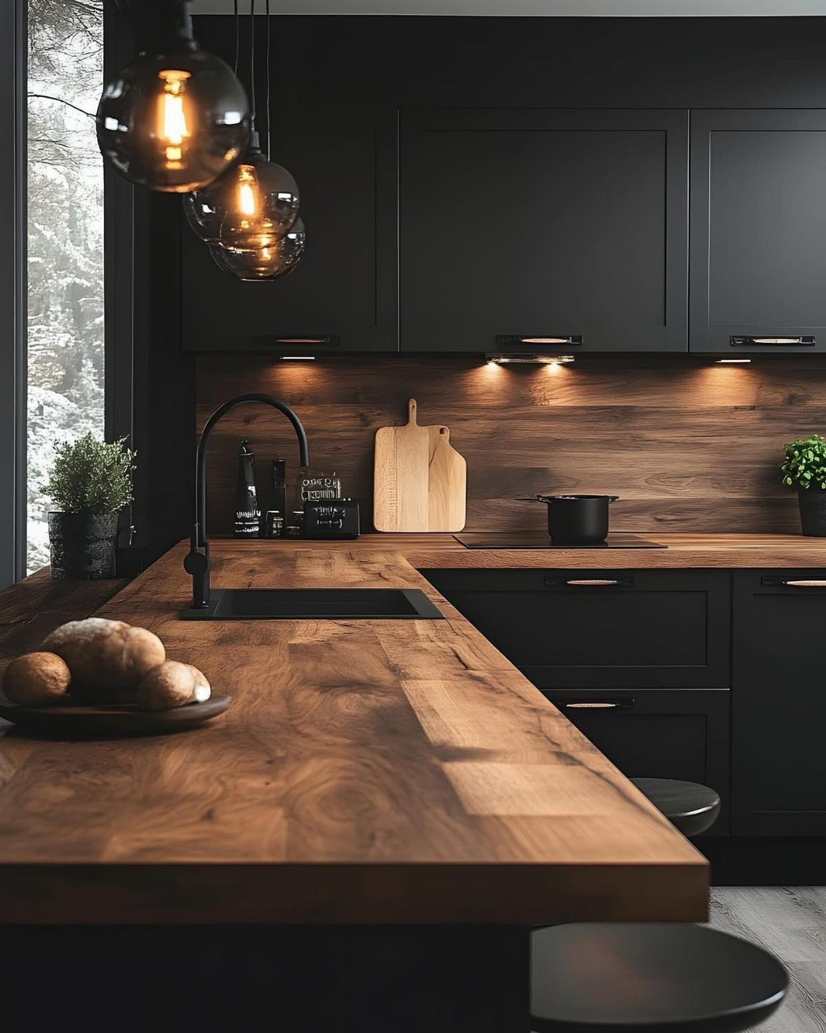 Modern kitchen with matte black cabinets and thick walnut wood countertops and backsplash.