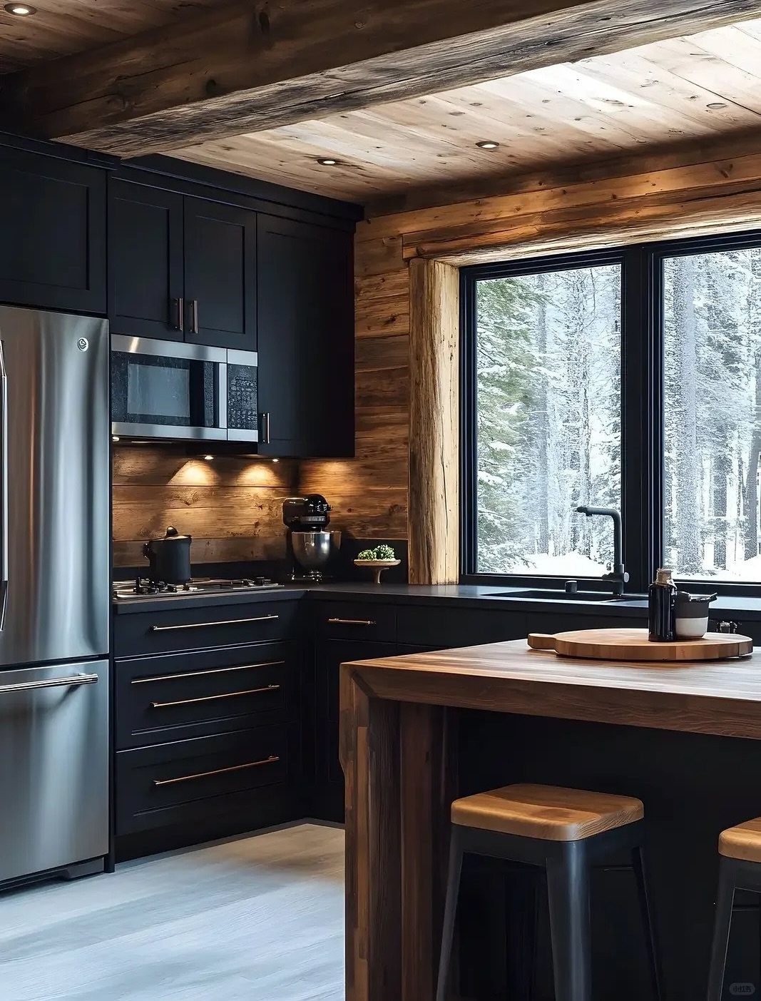 Modern kitchen with black cabinets and walnut island in a rustic log cabin.