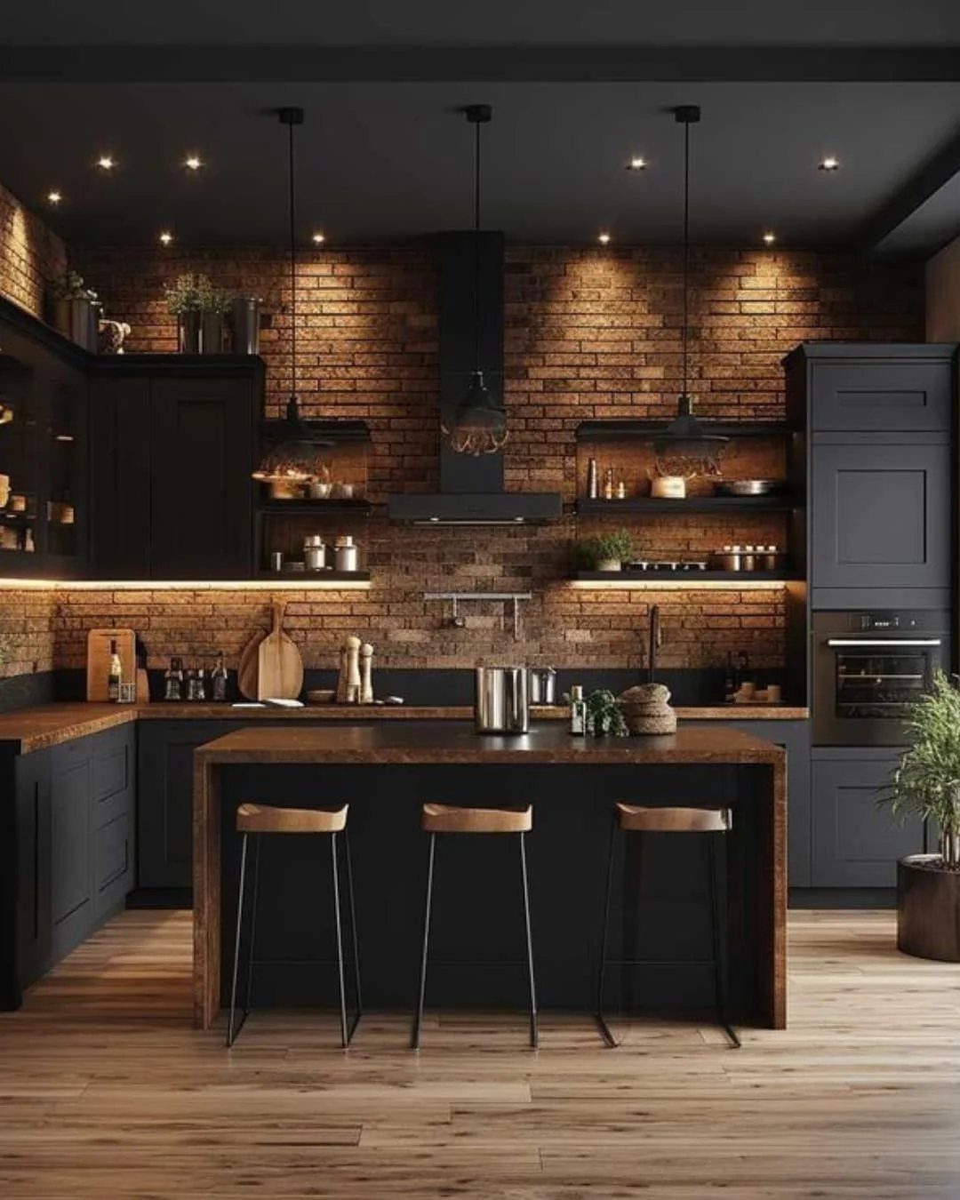 Modern kitchen with matte black cabinets, walnut wood countertops, and red brick walls.