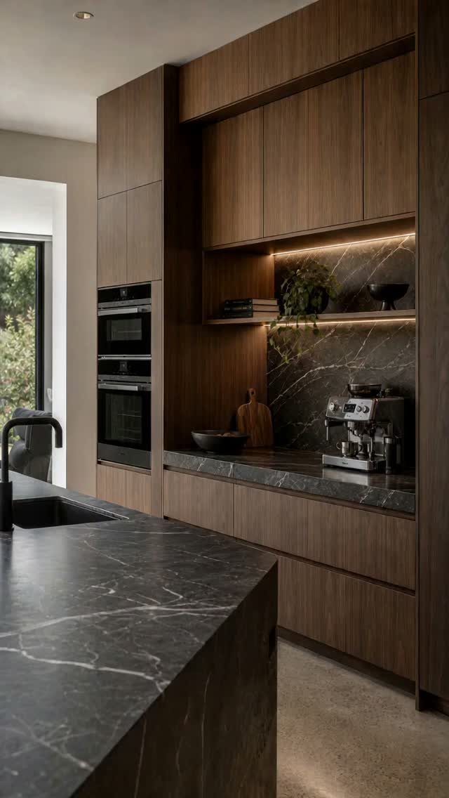 Walnut wood cabinets and black marble countertops in a modern, minimalist kitchen.