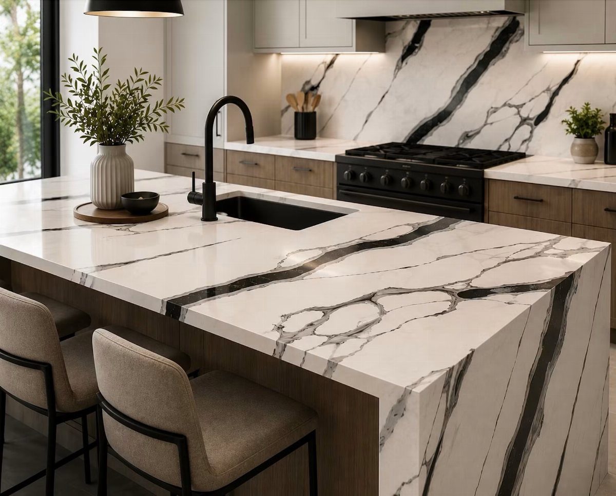 White marble kitchen island with black veining and walnut wood cabinets.