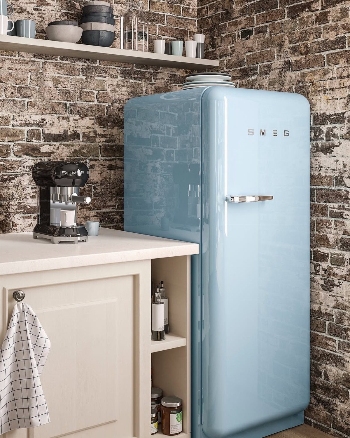 Blue Kitchen Appliances: 28 Ideas from Ranges to Kettles 3 Light blue retro Smeg refrigerator against a rustic brick wall in a kitchen