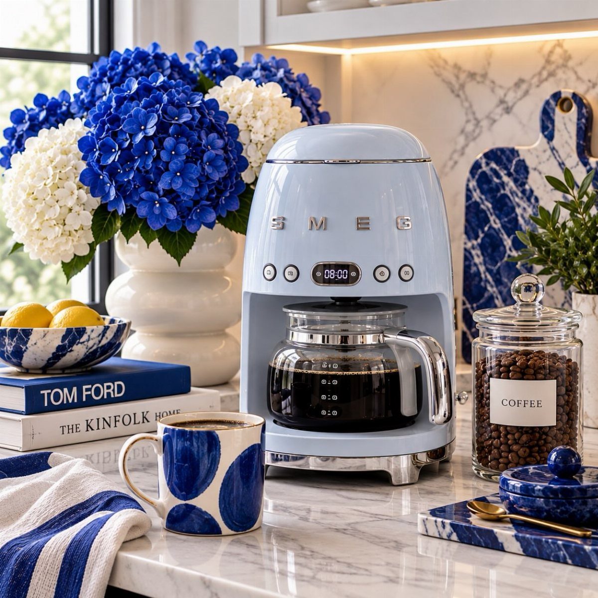 Blue Kitchen Appliances: 28 Ideas from Ranges to Kettles 12 Light blue drip coffee maker on a marble counter with blue hydrangeas and coffee.
