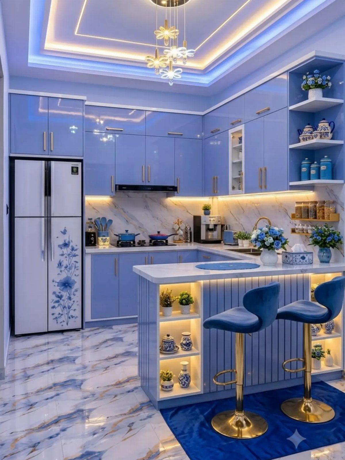 Blue Kitchen Appliances: 28 Ideas from Ranges to Kettles 14 Sky blue modern kitchen with glossy cabinets, marble floors, and blue velvet stools.