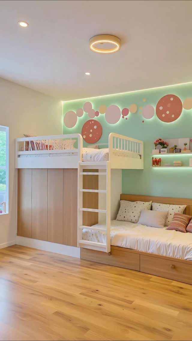 L-shaped white bunk bed with wooden storage cabinets in a green themed bedroom