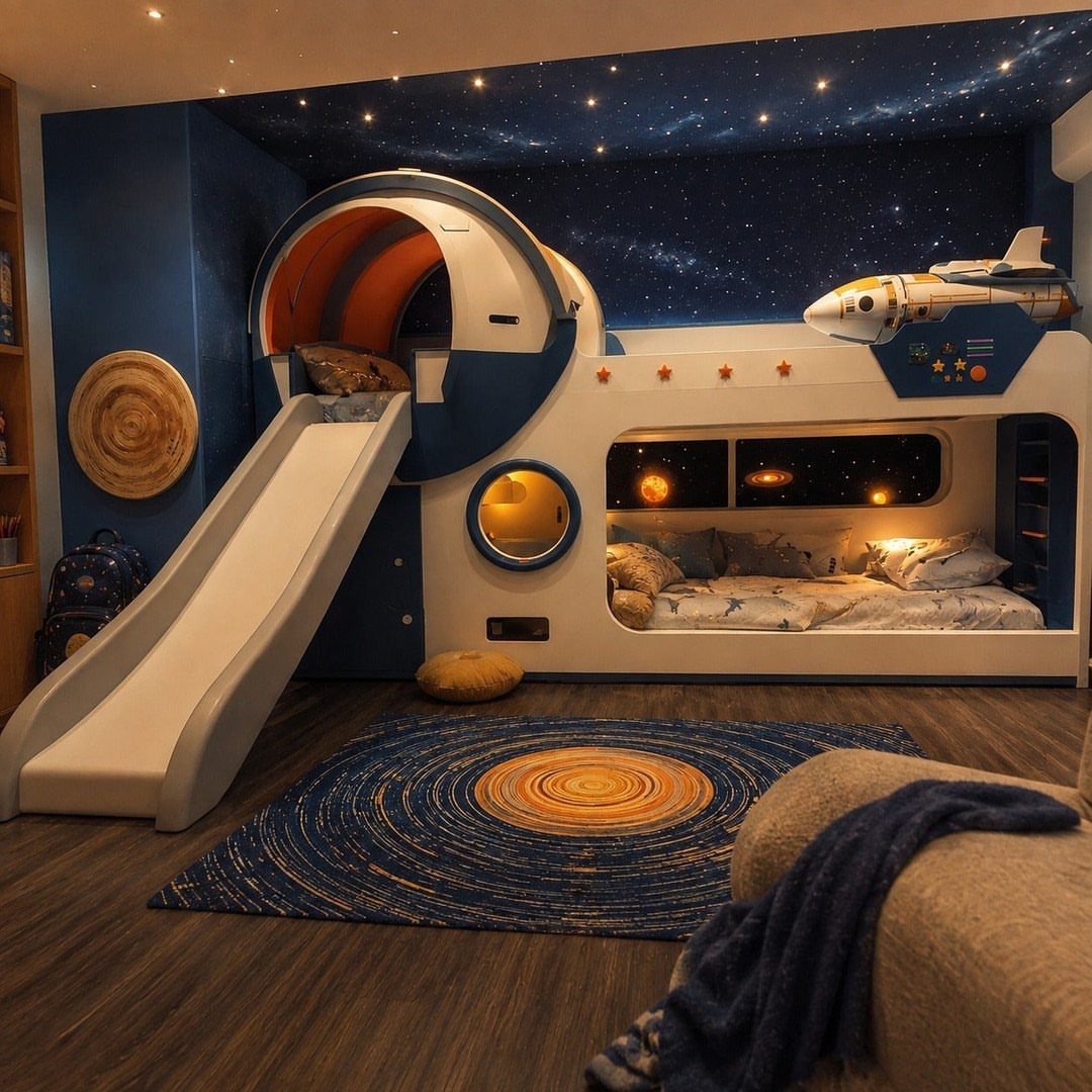 Space-themed children's bedroom with a rocket-shaped bunk bed and a white slide.