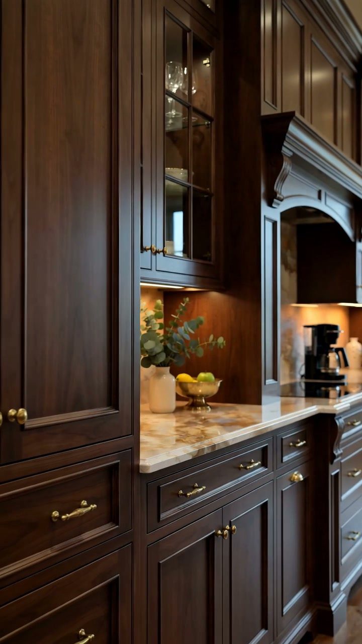 Cabinet Color Trends: 11 Ideas for Your Kitchen in 2026 10 Dark brown natural wood kitchen cabinets with gold handles and marble countertops.