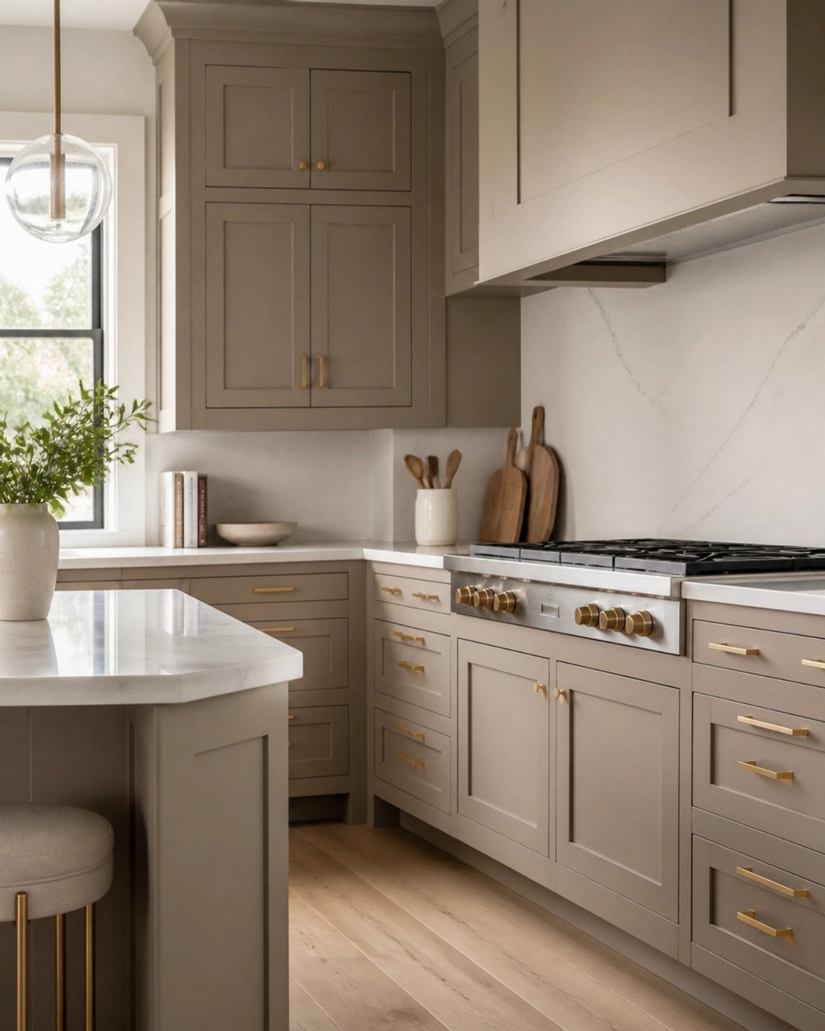Cabinet Color Trends: 11 Ideas for Your Kitchen in 2026 7 Taupe-brown kitchen cabinets with gold hardware and white marble countertops.