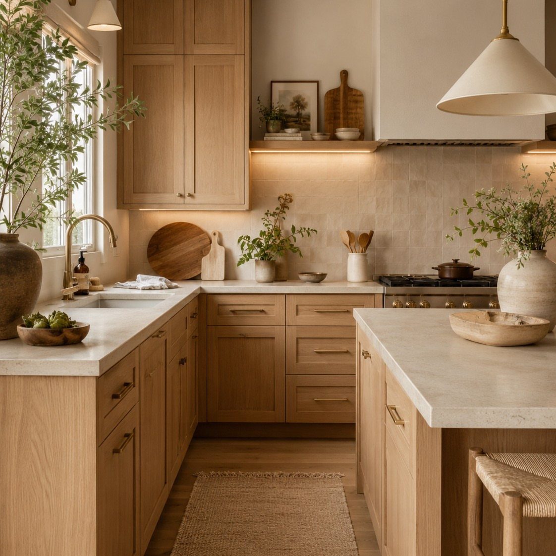 Cabinet Color Trends: 11 Ideas for Your Kitchen in 2026 6 Light natural wood kitchen cabinets with white countertops and warm ambient lighting.