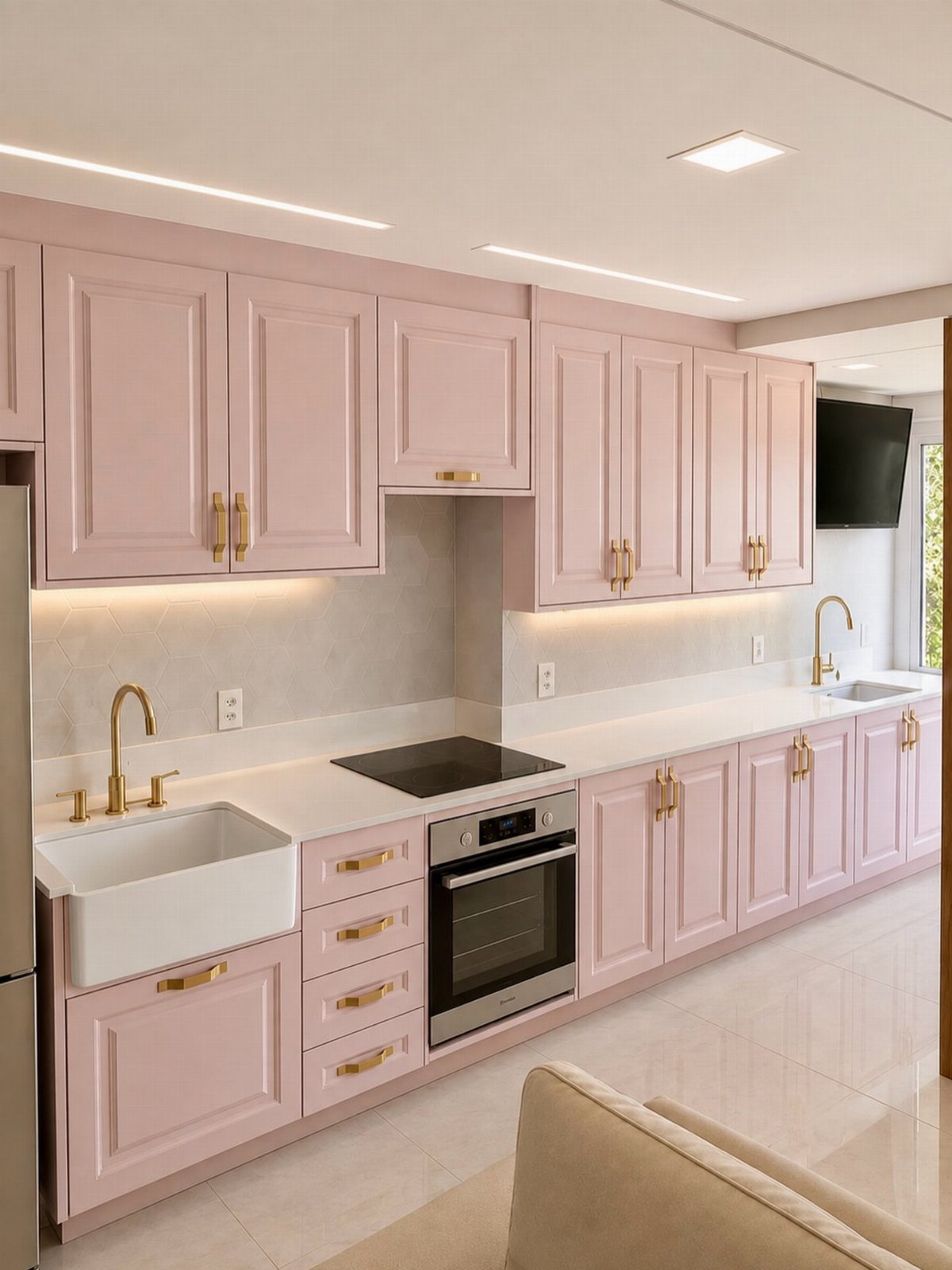 Cabinet Color Trends: 11 Ideas for Your Kitchen in 2026 9 Pale pink kitchen cabinets with gold handles and white countertops in a bright room.