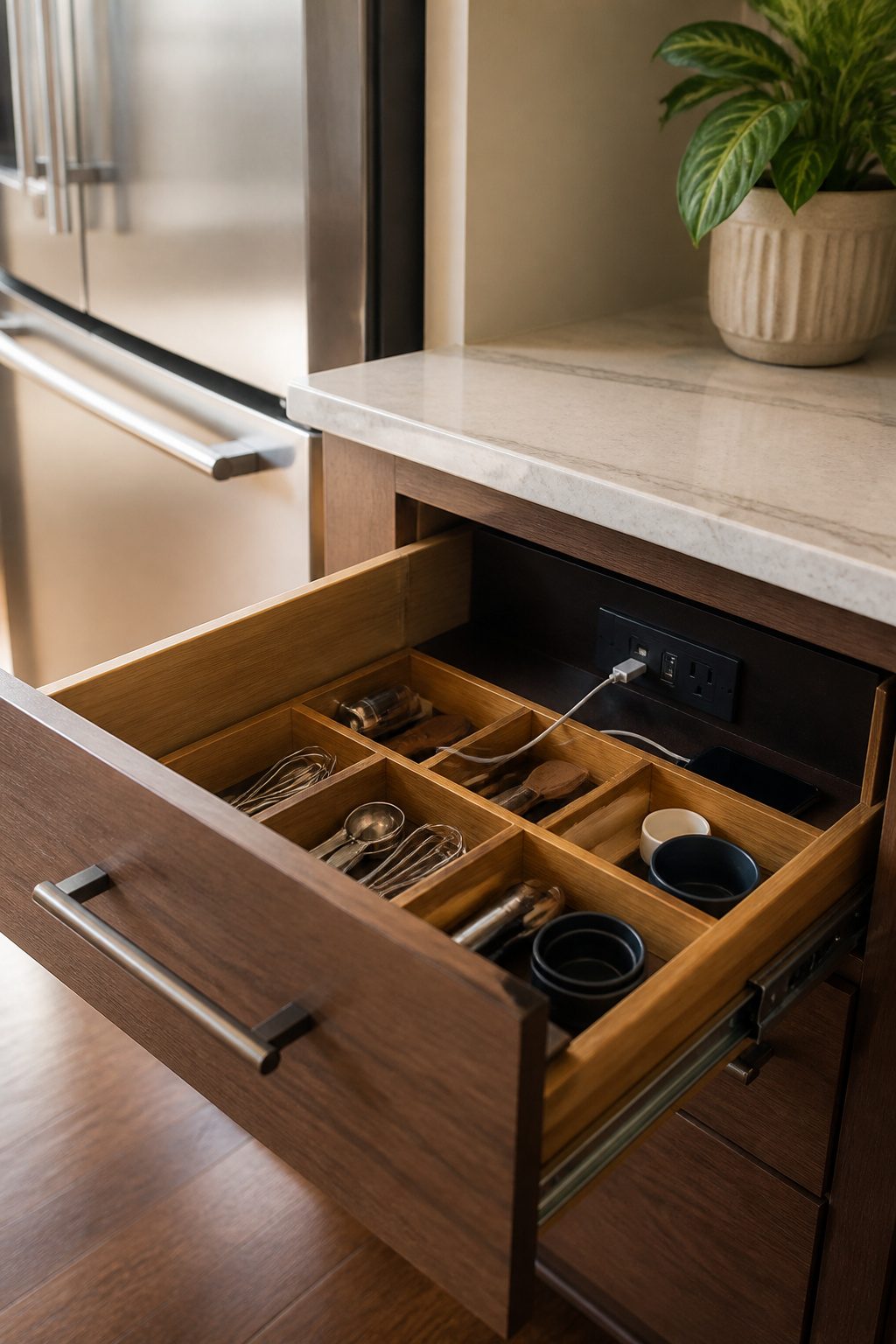 Drawer with built-in outlet and USB ports for charging devices.