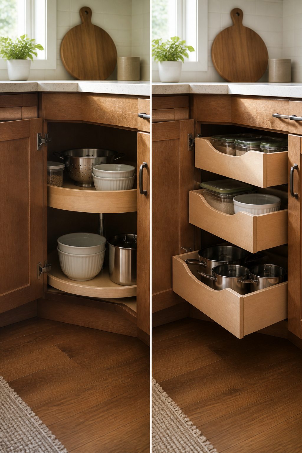 Corner cabinet with pull-out drawers for better access.