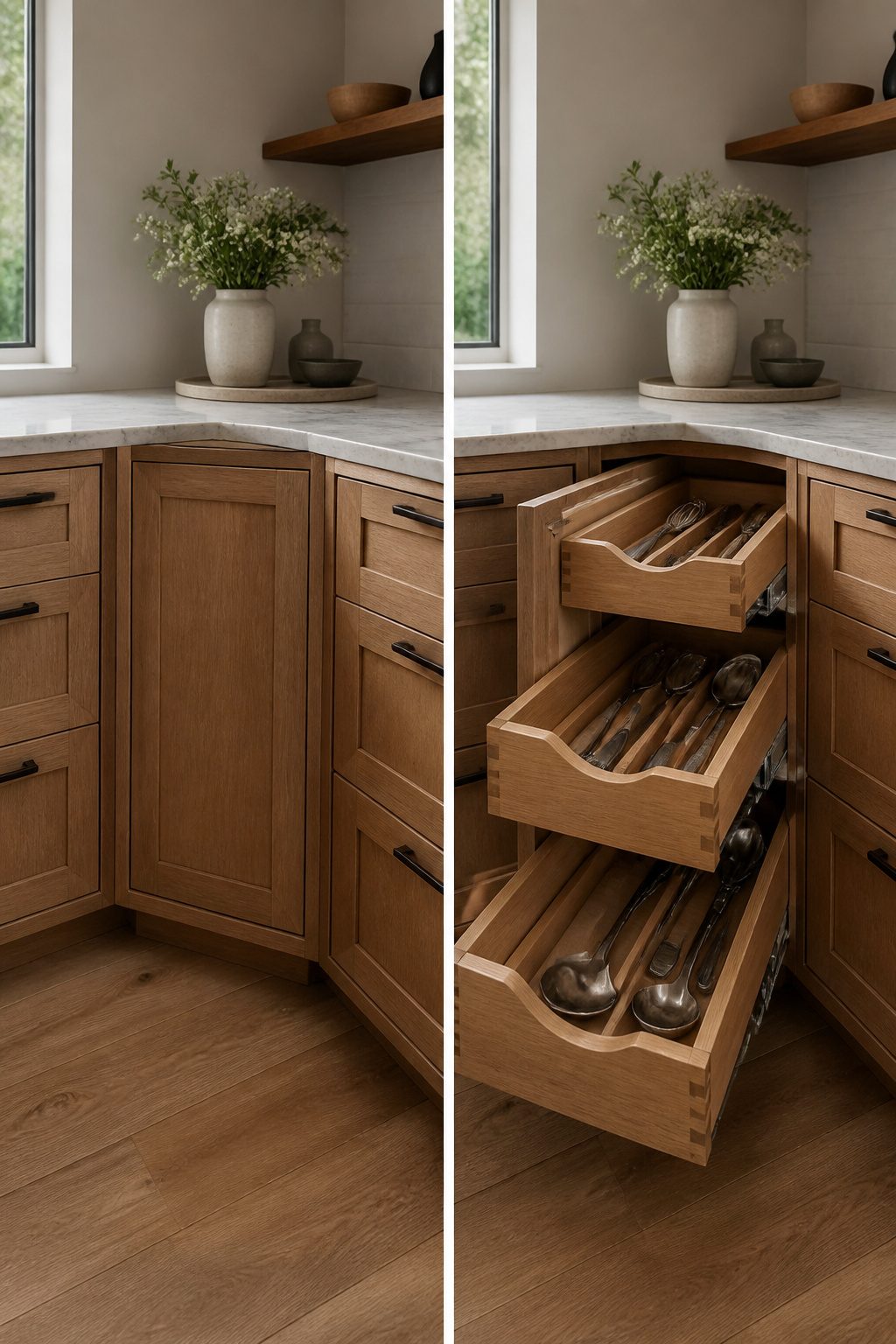 Corner cabinet with three pull-out drawers for storage.